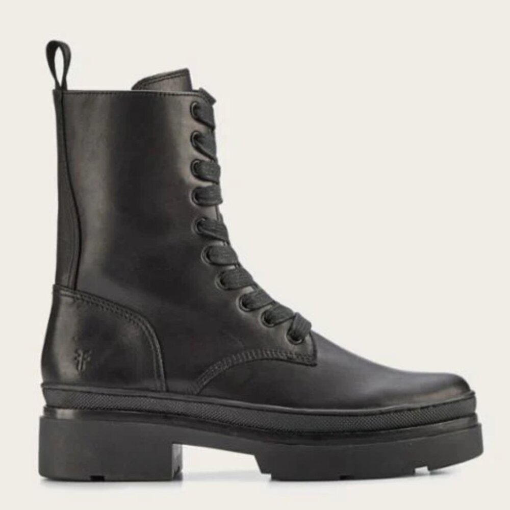 $399 Frye Chloe Lug Combat Black Leather Lace Up Moto Everyday Ankle Boot - Picture 2 of 16